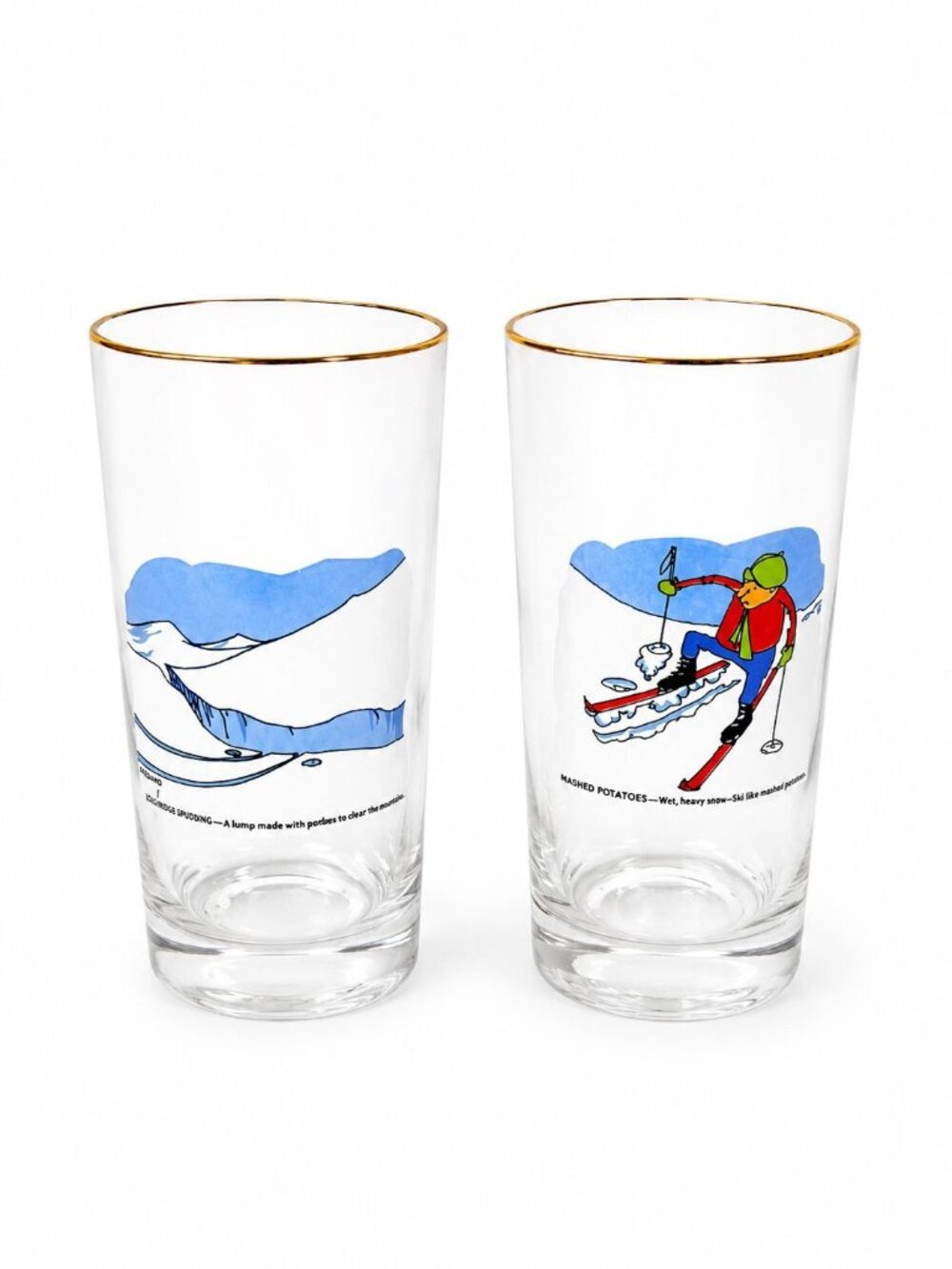 Drinking Ice Tea Beer Glasses Set 2 Carl Ashby Snow Skiing Comic Cortoon Humor V
